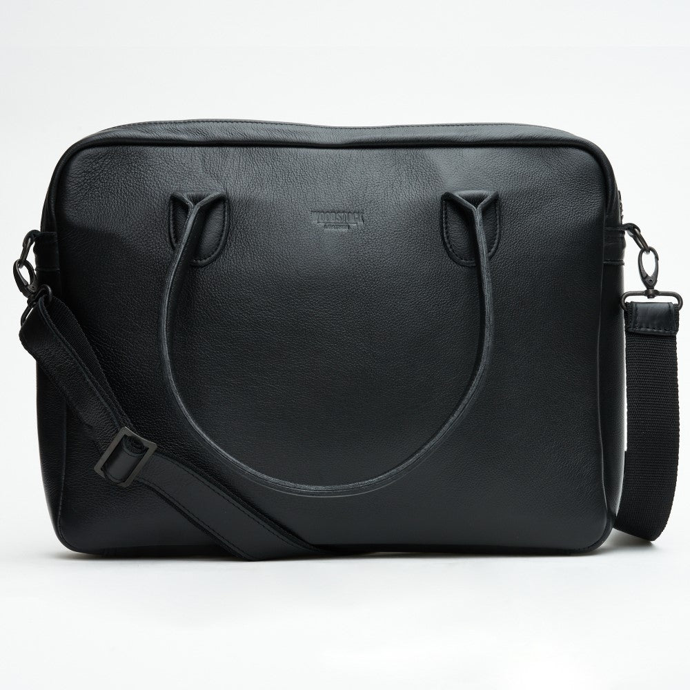 Front view of 15" Genuine Leather Laptop Bag - Black | Woodstock Leather  with strap