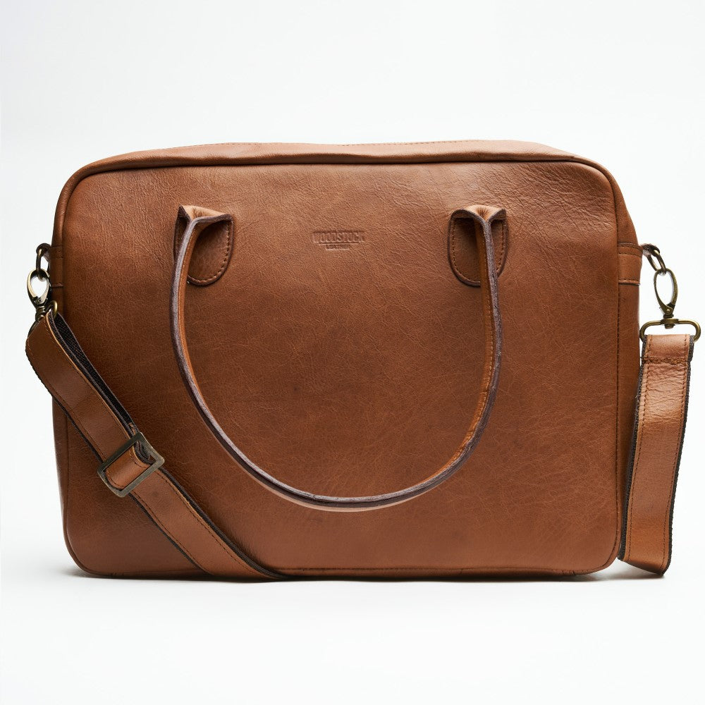 Front view of 15" Genuine Leather Laptop Bag - Pecan | Woodstock Leather with strap