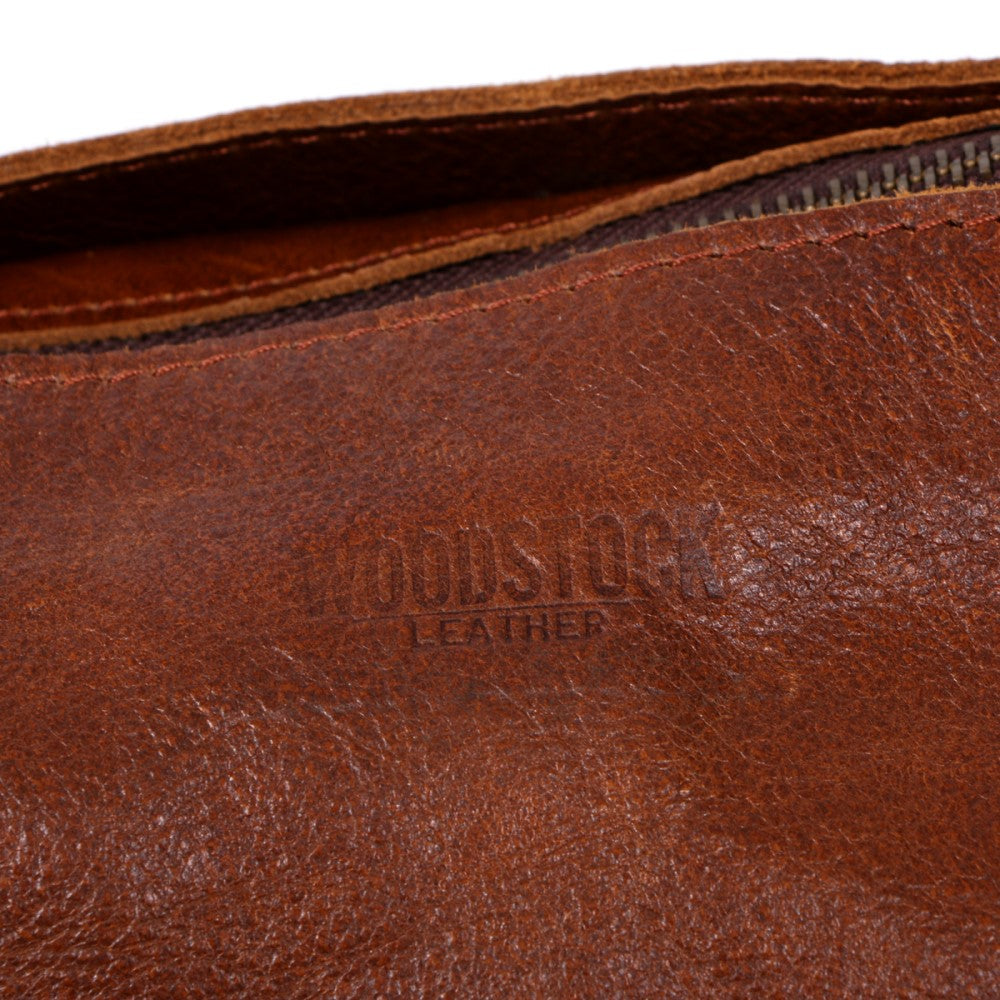 Exterior Woodstock Leather Logo on 2-in-1 Elle Shopper Bag-Pecan