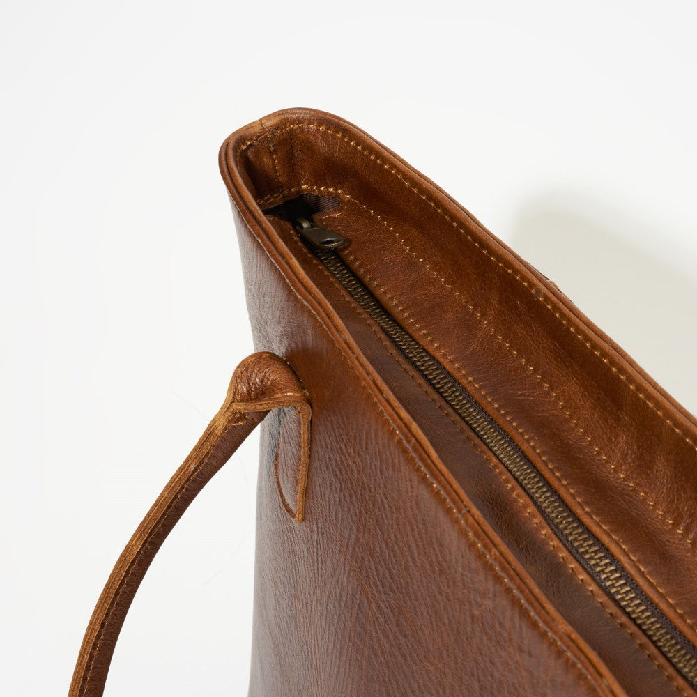 Top view of closed zippered Blake Tote Bag - Pecan