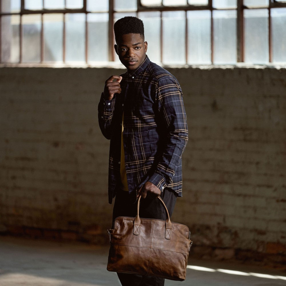 Man with Emerson Luxury Laptop Bag-Pecan