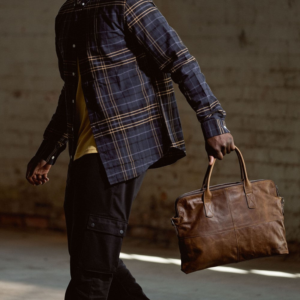 Man with Emerson Luxury Laptop Bag-Pecan