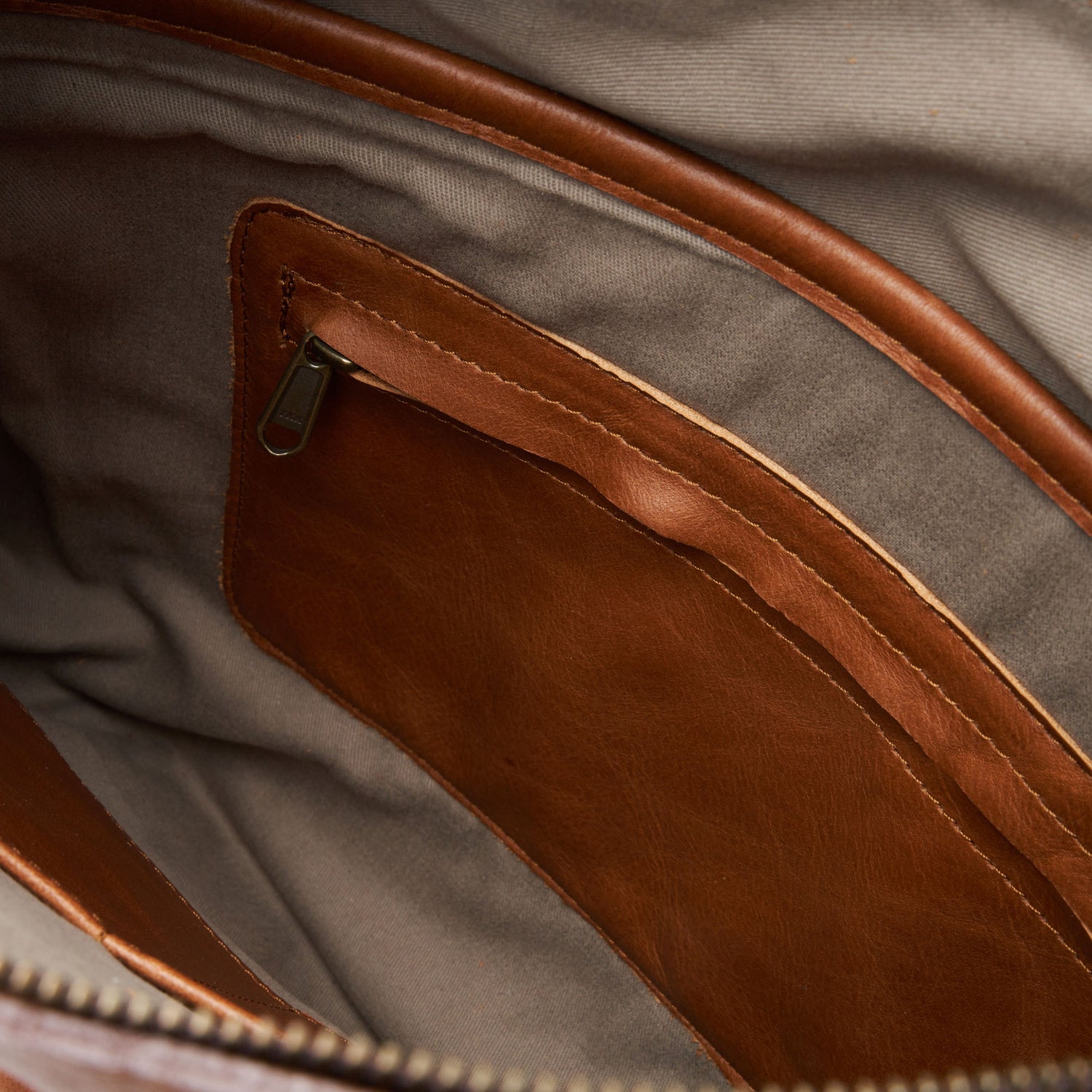 Internal compartments of the Pecan Genuine Leather Longline Essie Sling Handbag with Laptop Compartment | Woodstock Leather
