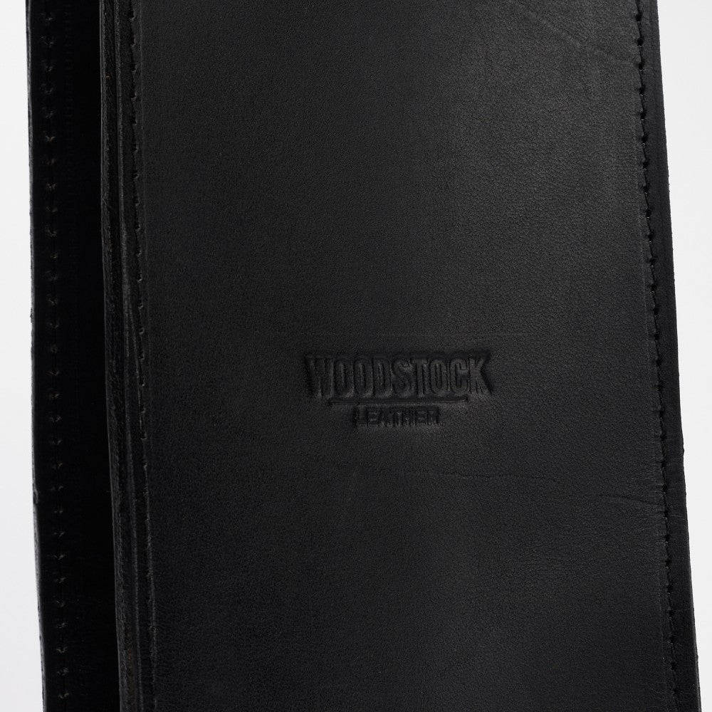 Embossed Woodstock Leather logo on  Genuine Leather Wine Carrier - Black