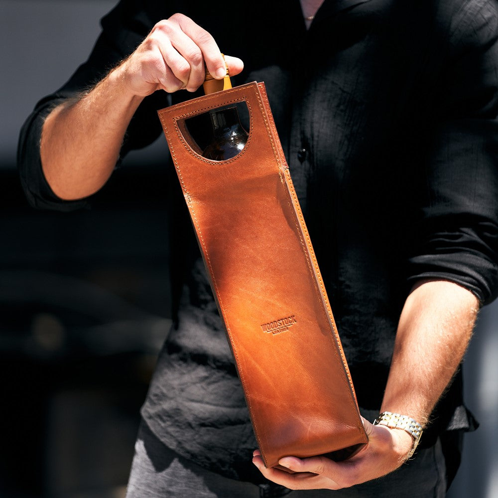 Man with Genuine Leather Wine Carrier - Pecan