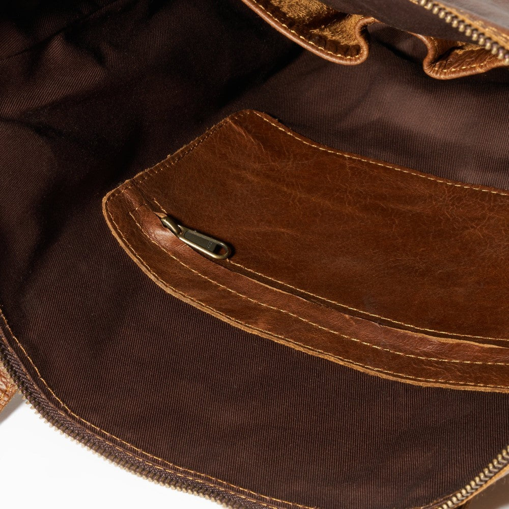 Interior view of zipper compartment and pockets on Helena Tote Bag-Pecan