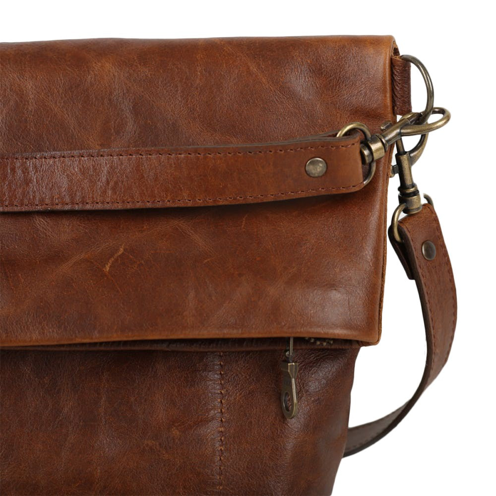 Front view of  Lined Carly Sling Bag-Pecan with detachable brass clasp and strap
