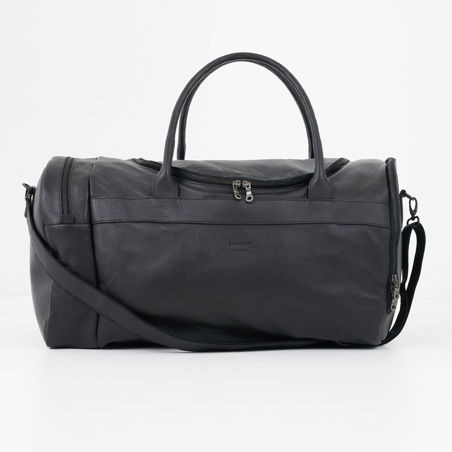 Black Genuine Leather Sports Duffel Bag with Waterproof Lining & Sneaker Compartment