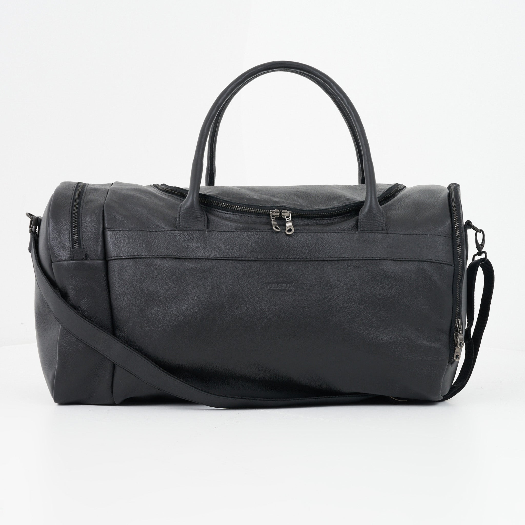 Black Genuine Leather Sports Duffel Bag with Waterproof Lining & Sneaker Compartment