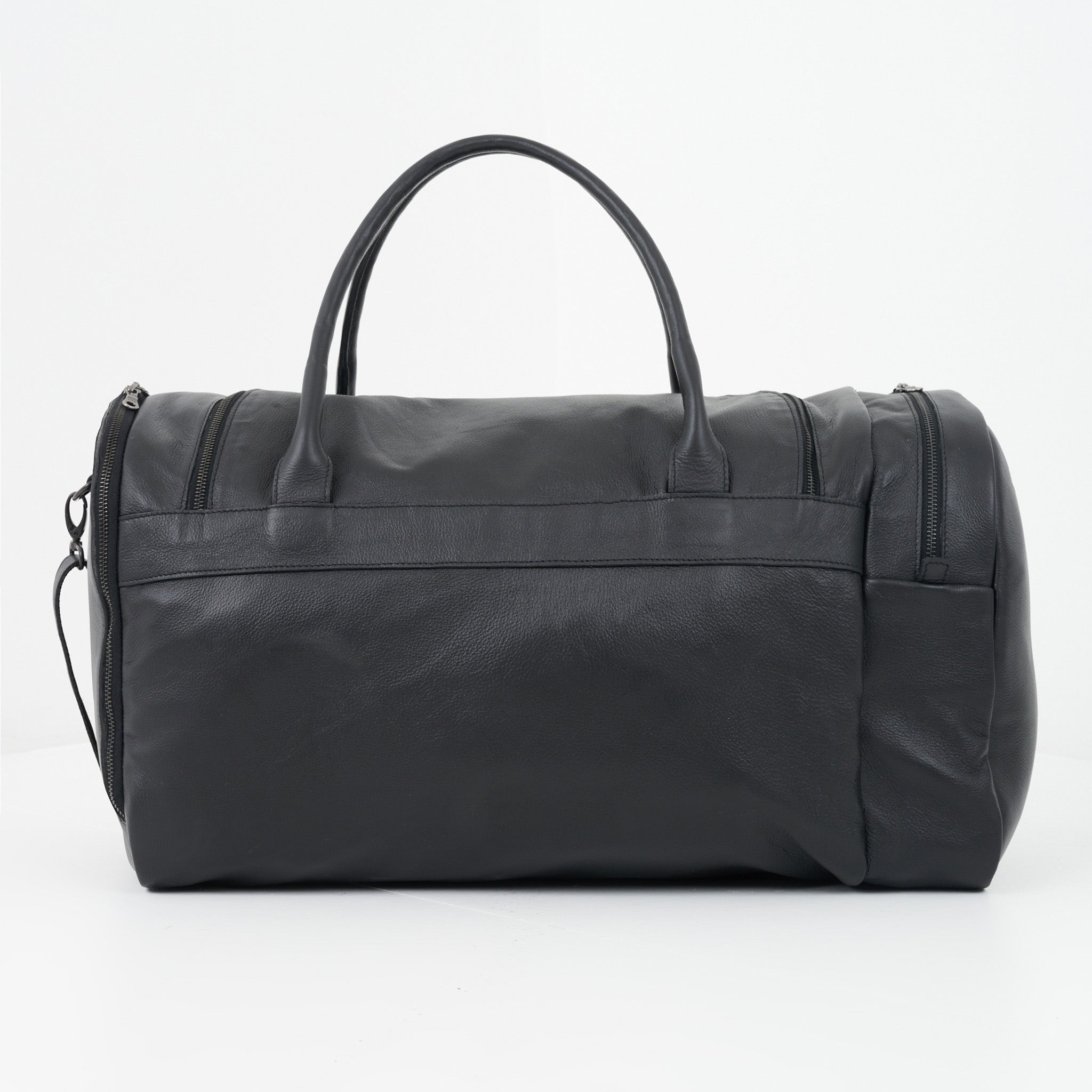 Black Genuine Leather Sports Duffel Bag with Waterproof Lining & Sneaker Compartment