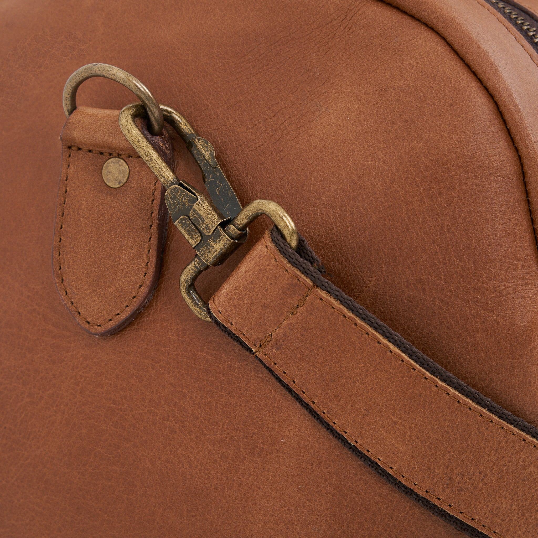 Strap detail on Pecan Genuine Leather Sports Duffel Bag with Waterproof Lining & Sneaker Compartment