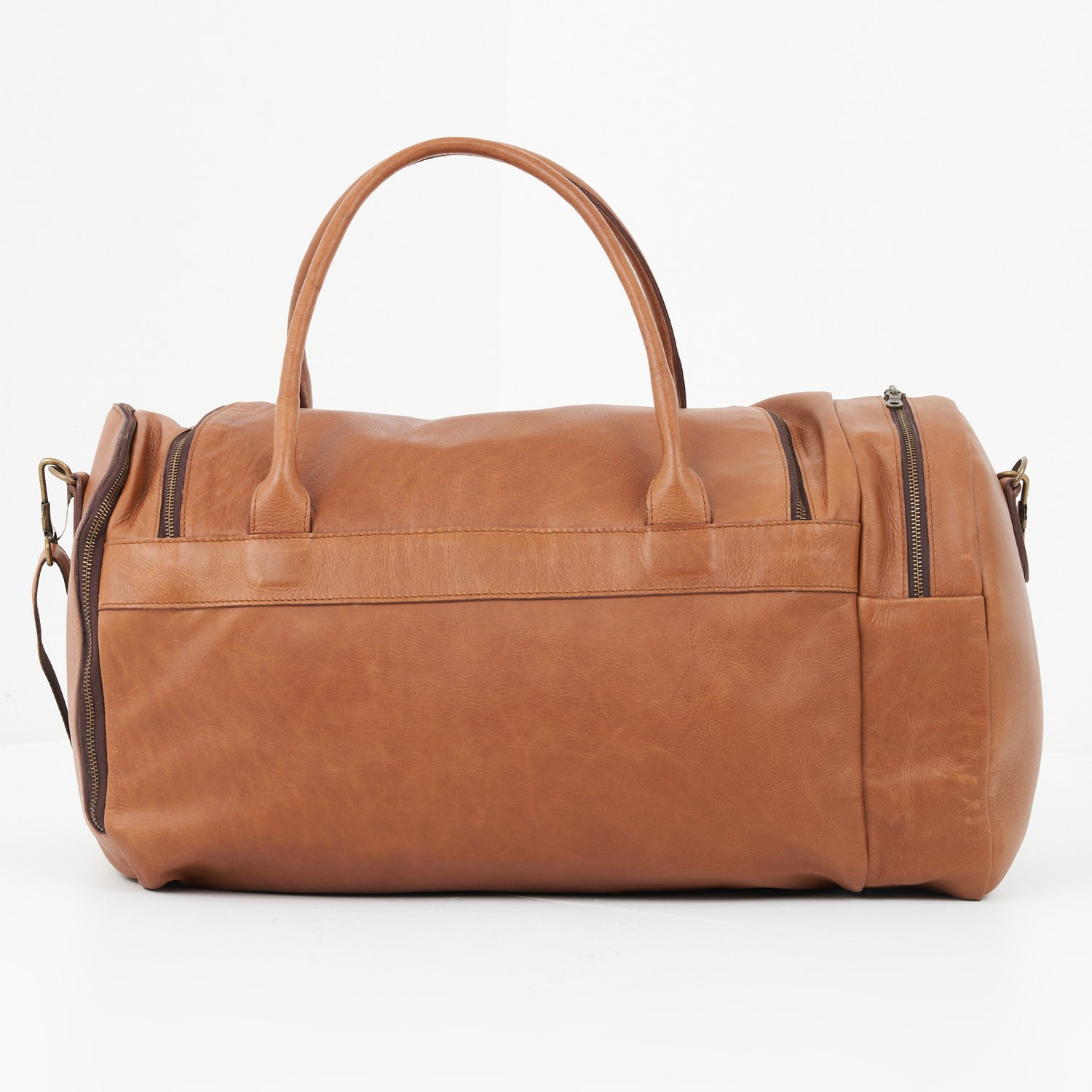 Pecan Genuine Leather Sports Duffel Bag with Waterproof Lining & Sneaker Compartment