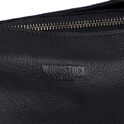 Exterior Woodstock Leather logo on 2-in-1 Elle Shopper Bag-Black 