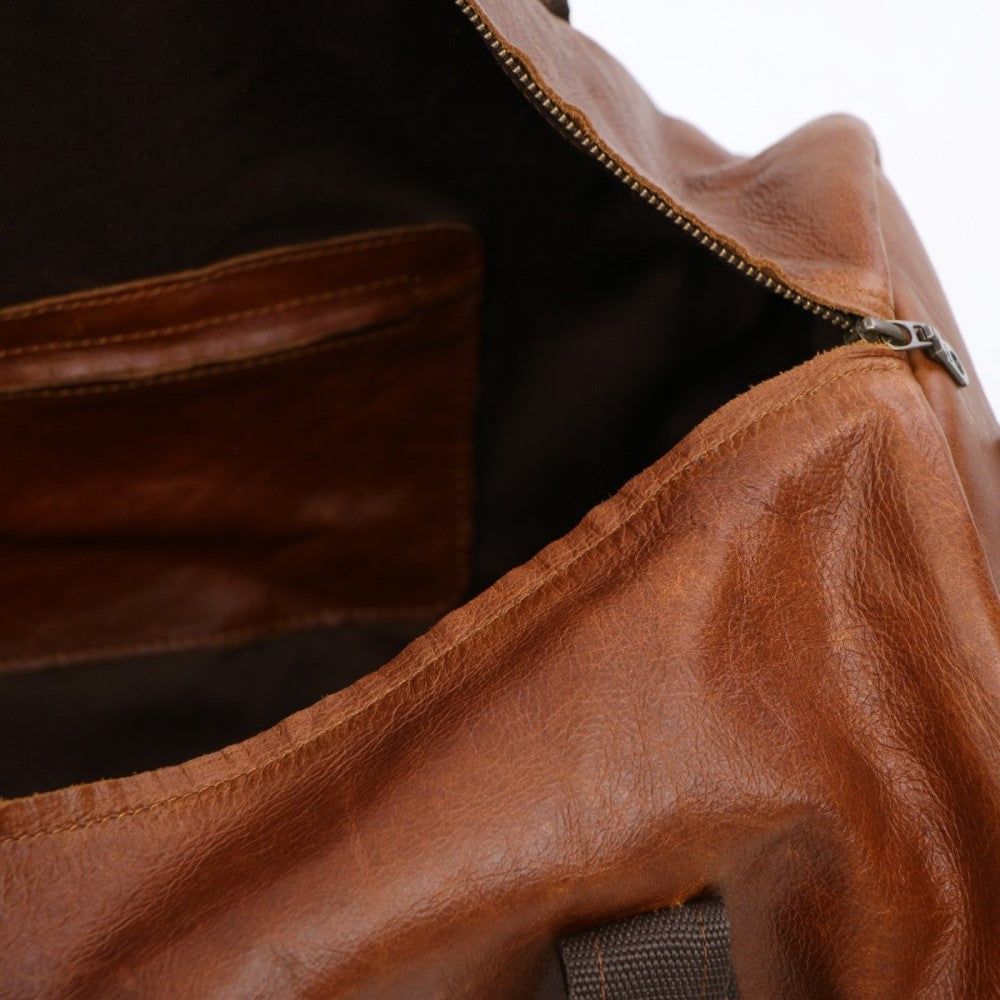 Top view with zipper and internal compartments of Ashton Duffel Bag-Pecan