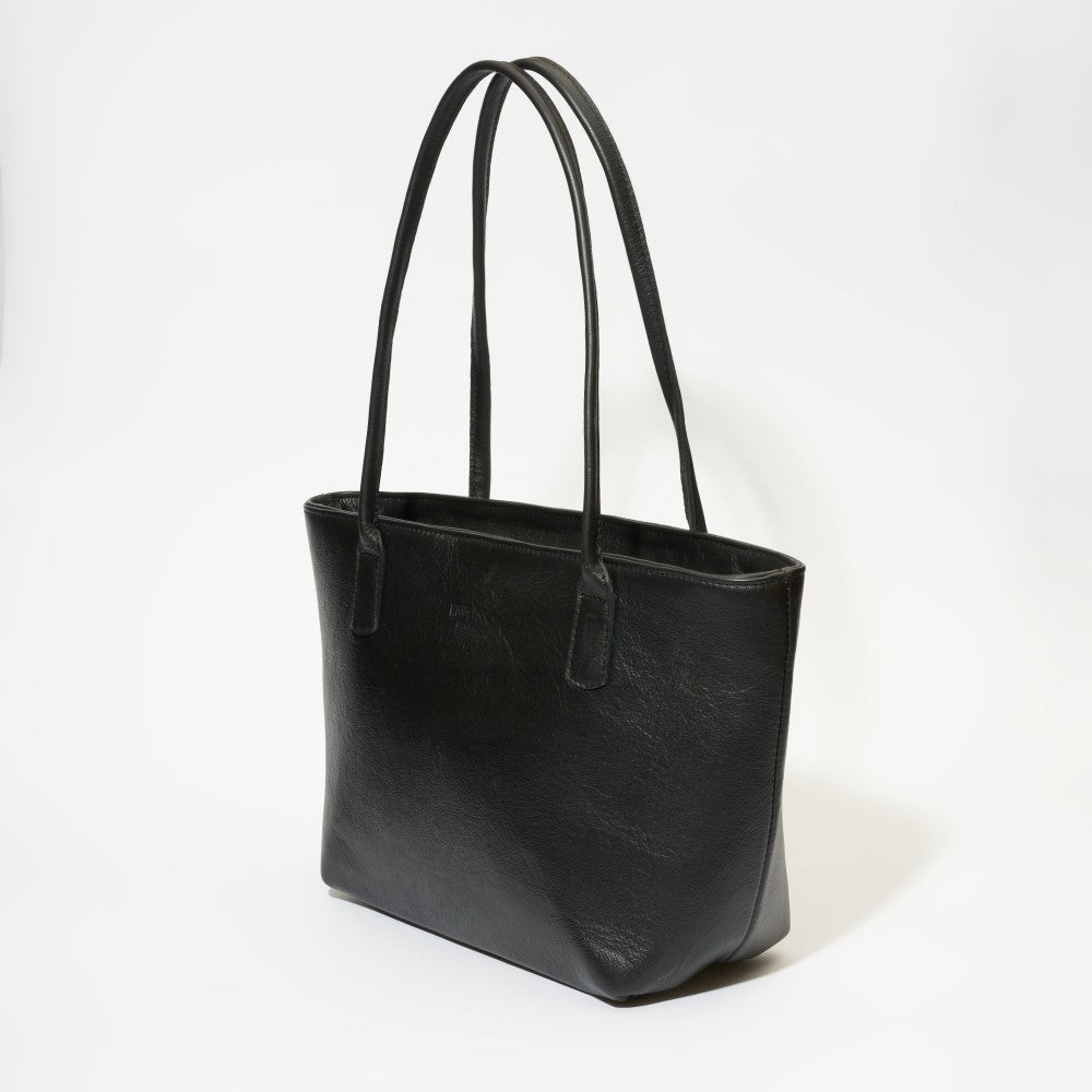 Front view of Blake Tote Bag - Black with embossed Woodstock Leather logo