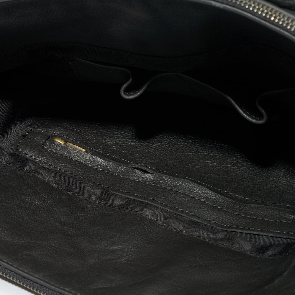Interior view of zippered compartment and multifunctioning pockets on Emerson Luxury Laptop Bag-Black