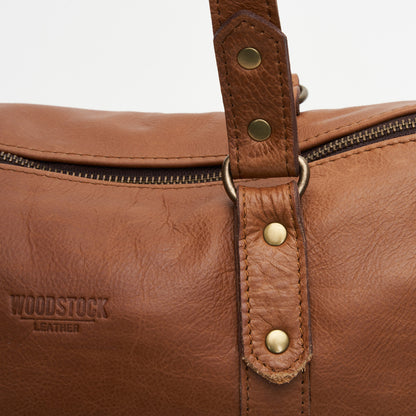 Strap detail on Pecan Genuine Leather Freya Shoulder Hand Bag with Sling | Woodstock Leather