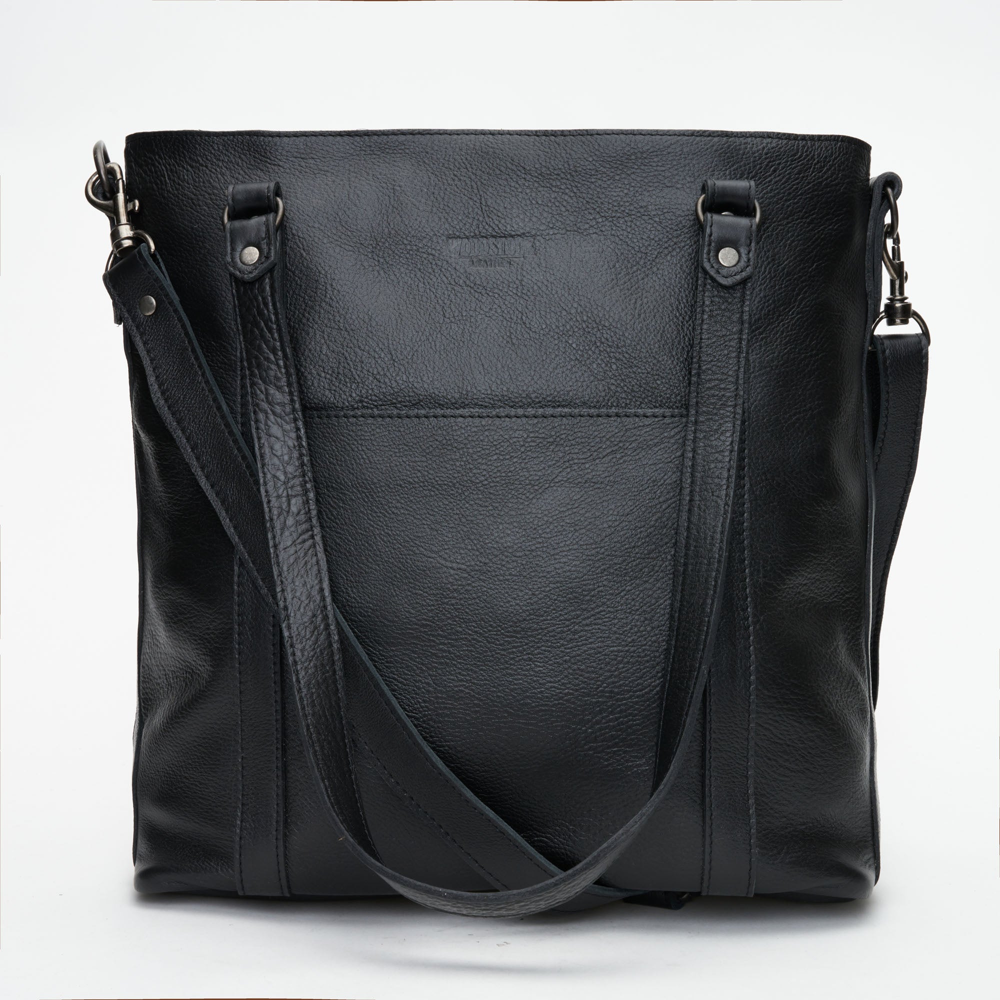 Front view of Black Genuine Leather Longline Essie Sling Handbag with Laptop Compartment | Woodstock Leather