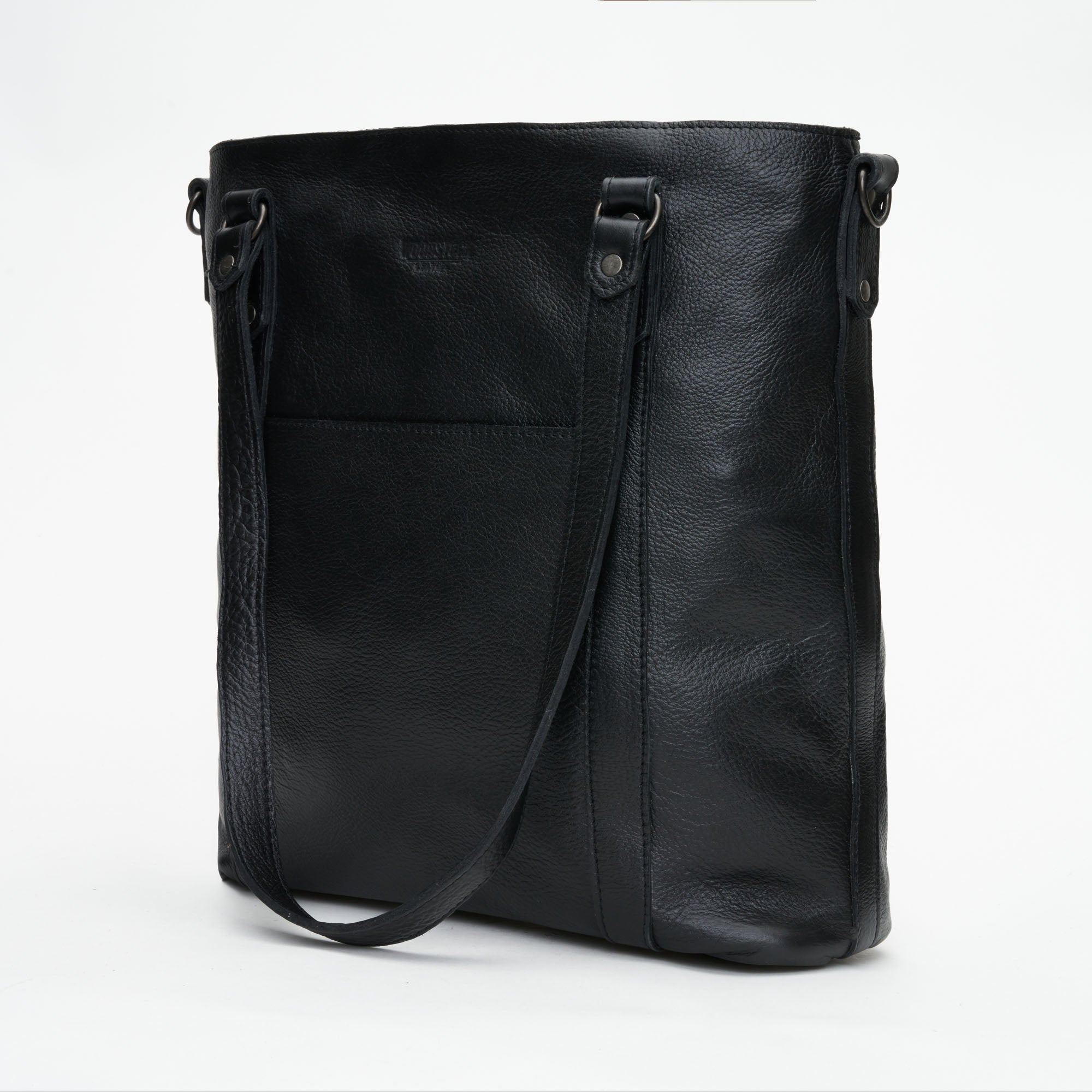 Side view of Black Genuine Leather Longline Essie Sling Handbag with Laptop Compartment | Woodstock Leather