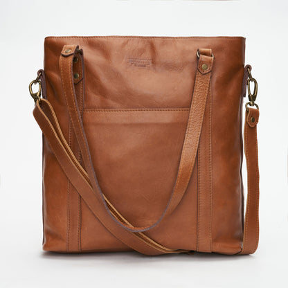 Front view of Pecan Genuine Leather Longline Essie Sling Handbag with Laptop Compartment | Woodstock Leather