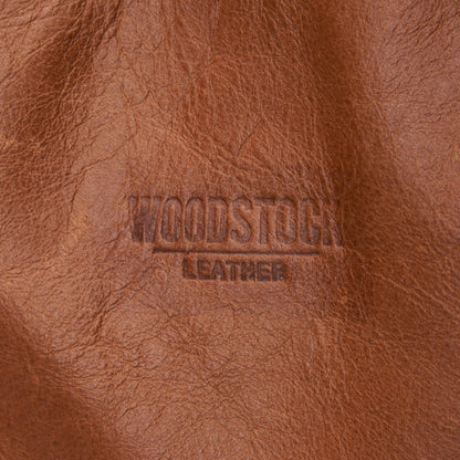 Branding on Pecan Genuine Leather Longline Essie Sling Handbag with Laptop Compartment | Woodstock Leather