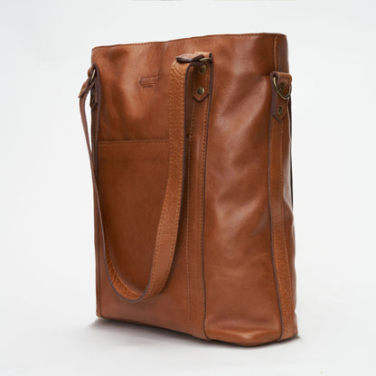 Side view of Pecan Genuine Leather Longline Essie Sling Handbag with Laptop Compartment | Woodstock Leather