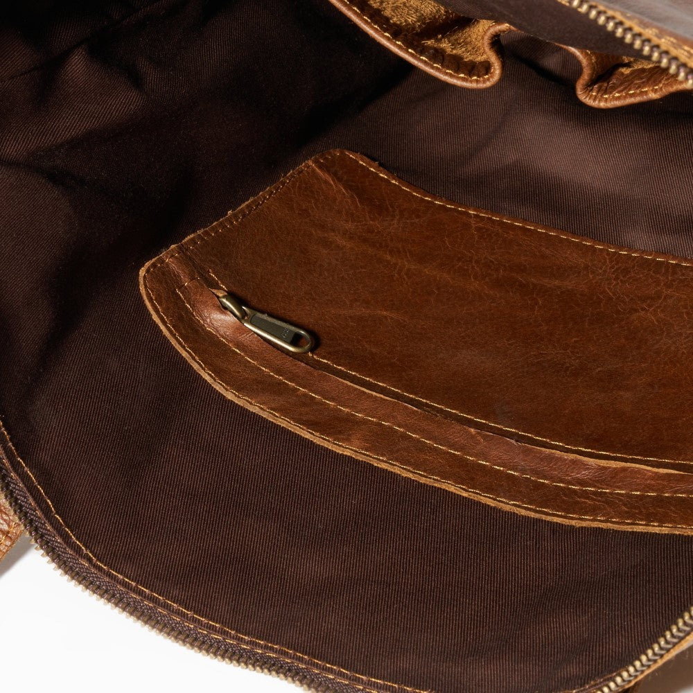 Interior view of zipper compartment and pockets on Helena Tote Bag-Pecan 
