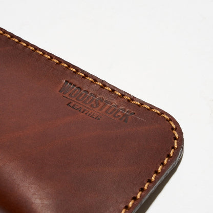Embossed Woodstock Leather logo on Heritage Sunglasses Pouch-Pecan