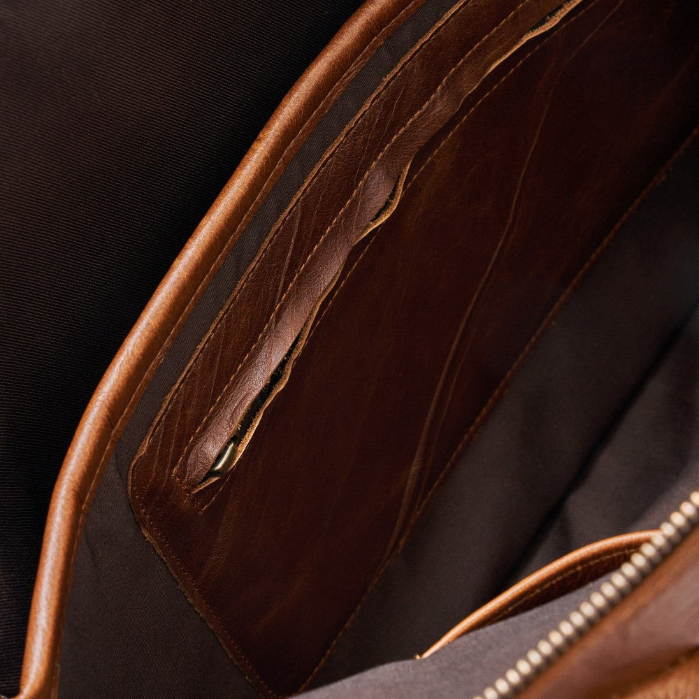 Interior view of zippered compartment inside of Lined Lexi Work Bag - Pecan