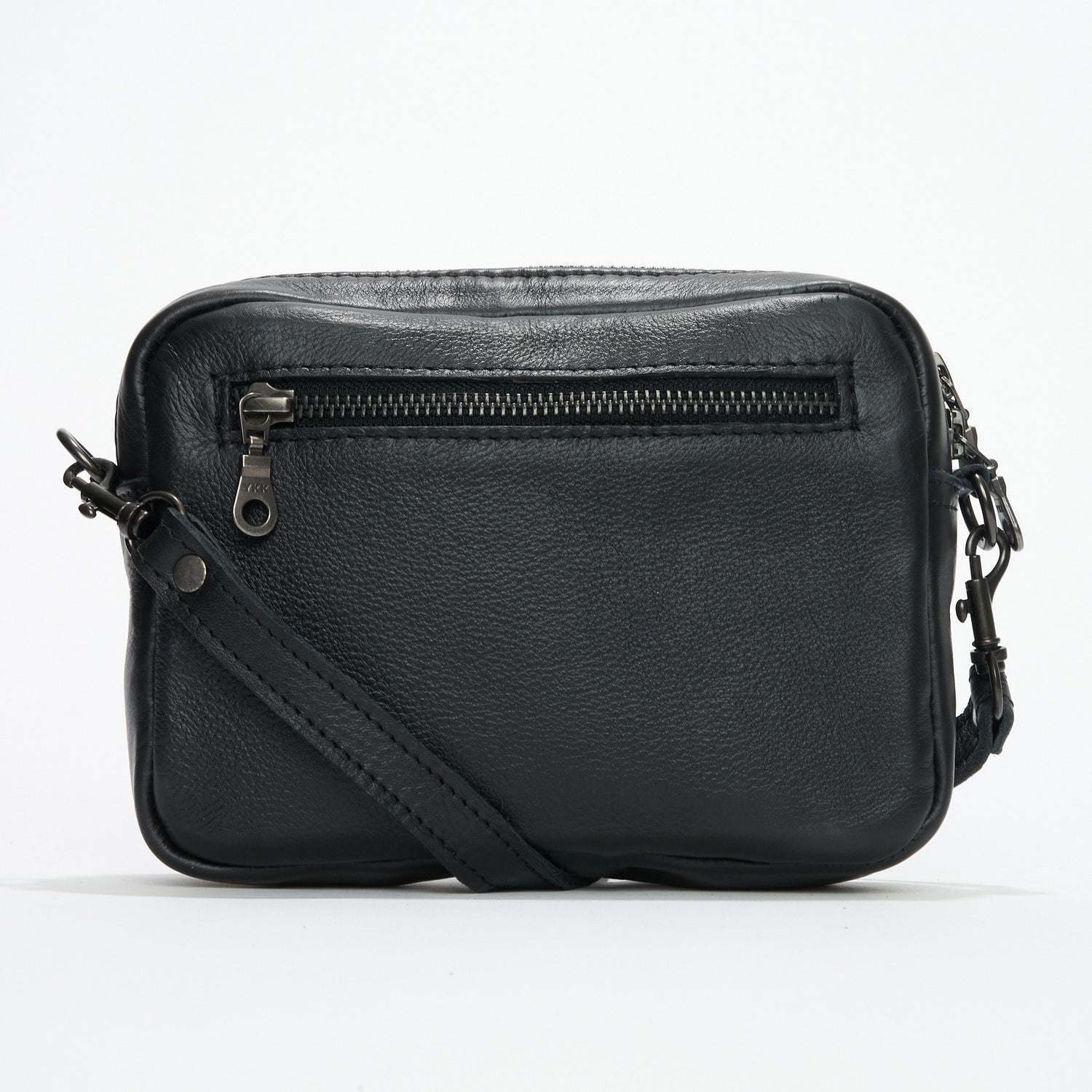 Front view of Black Genuine Leather Madison Boxy Crossbody Sling Bag