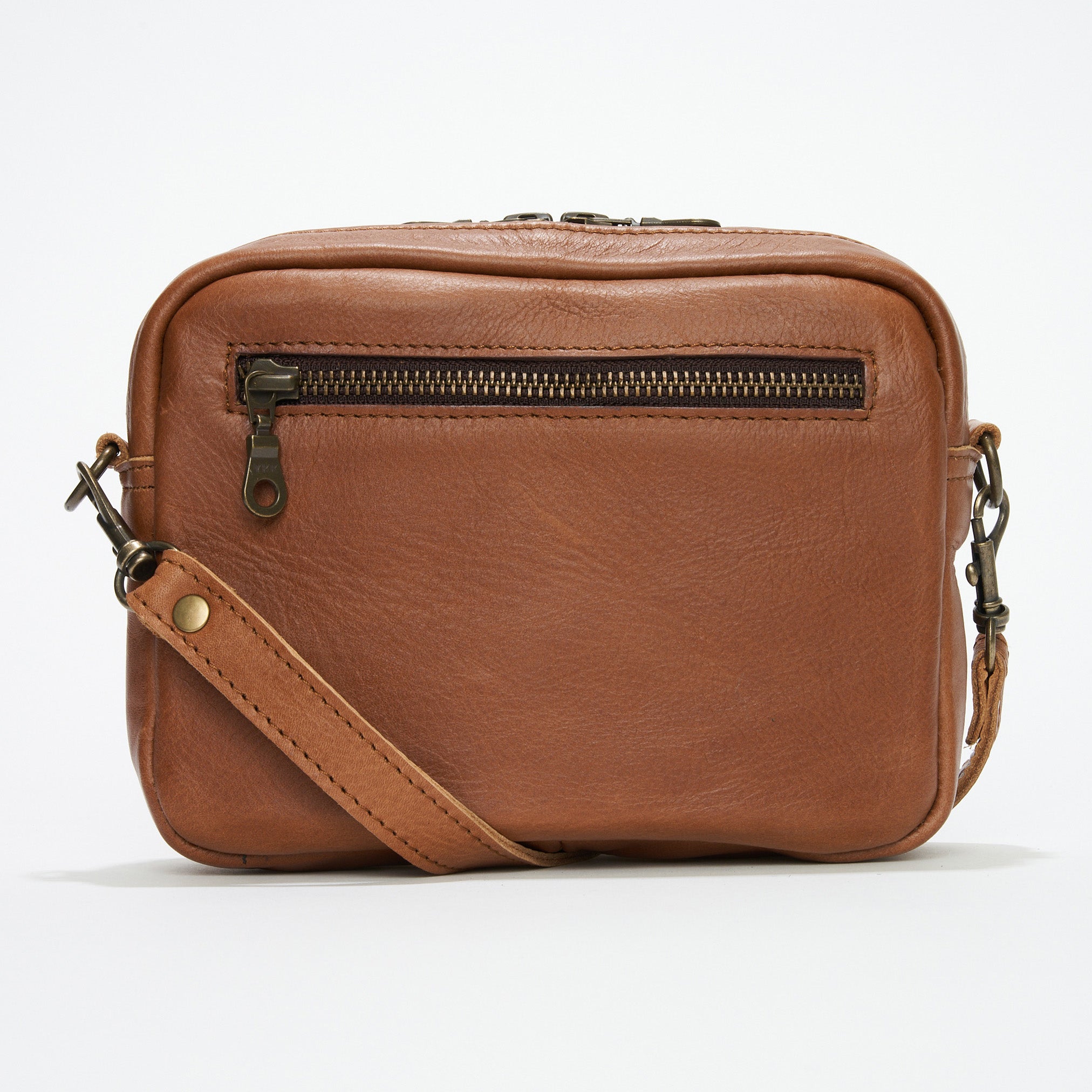Front view of Pecan Genuine Leather Madison Boxy Crossbody Sling Bag