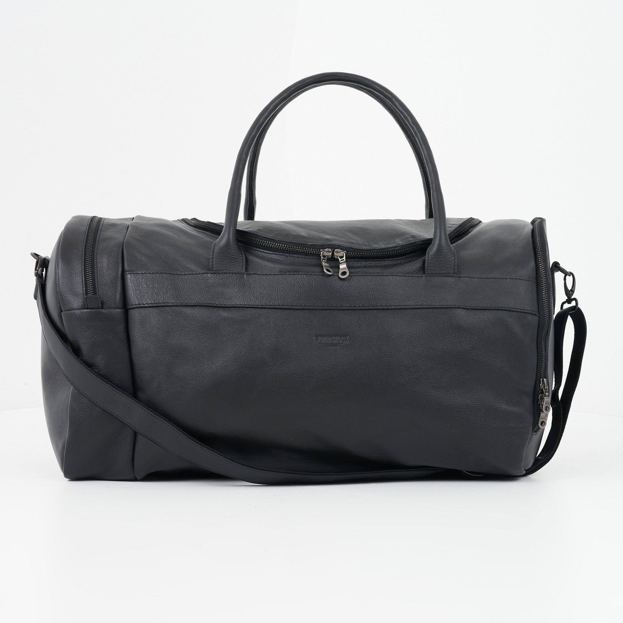 Black Genuine Leather Sports Duffel Bag with Waterproof Lining &amp; Sneaker Compartment