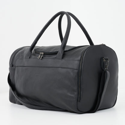 Side view of Black Genuine Leather Sports Duffel Bag with Waterproof Lining &amp; Sneaker Compartment