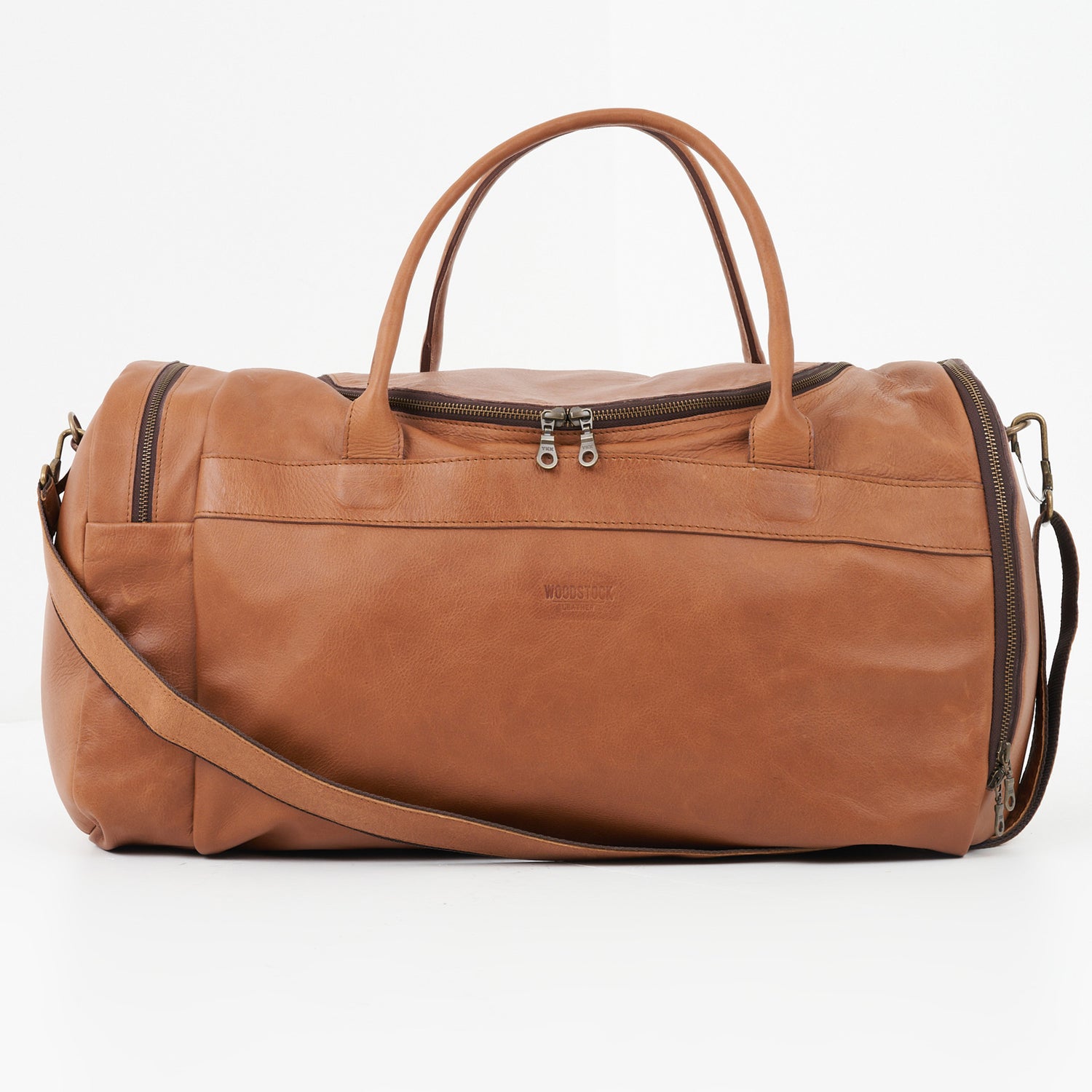 Pecan Genuine Leather Sports Duffel Bag with Waterproof Lining &amp; Sneaker Compartment